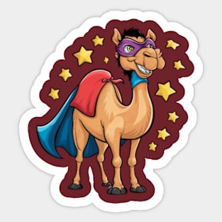 Creative and humorous vector print of a Bactrian camel, wearing a superhero cape and mask, standing confidently with a cheerful smile. (2) Sticker